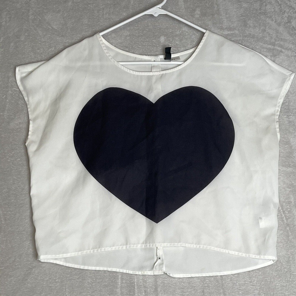 Divided H&M Cropped White Blouse Black Heart Dress Shirt Sleeveless Top Size 10